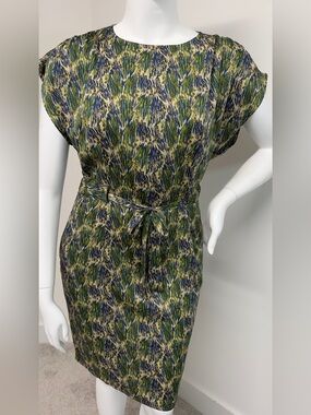 Coldwater Creek Abstract Print Belted Sheath Dress Size M 10-12 Blue Green
